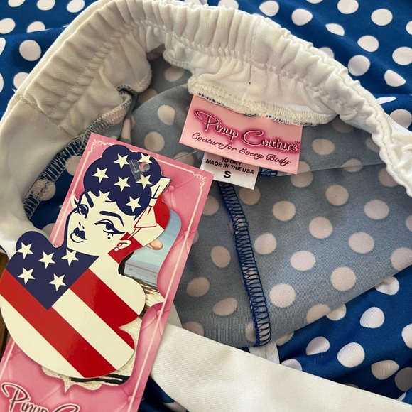 PUG Pinup Couture Bettie Blue PolkaDot One Piece Swimsuit with Matching Skirt XS - Picture 5 of 9